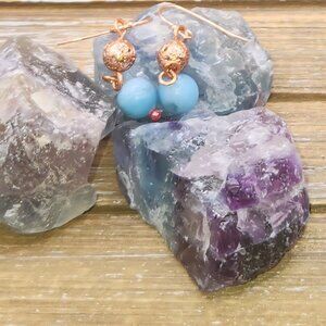 Larimar and Copper Electroplated Lava Rock Drop Earrings